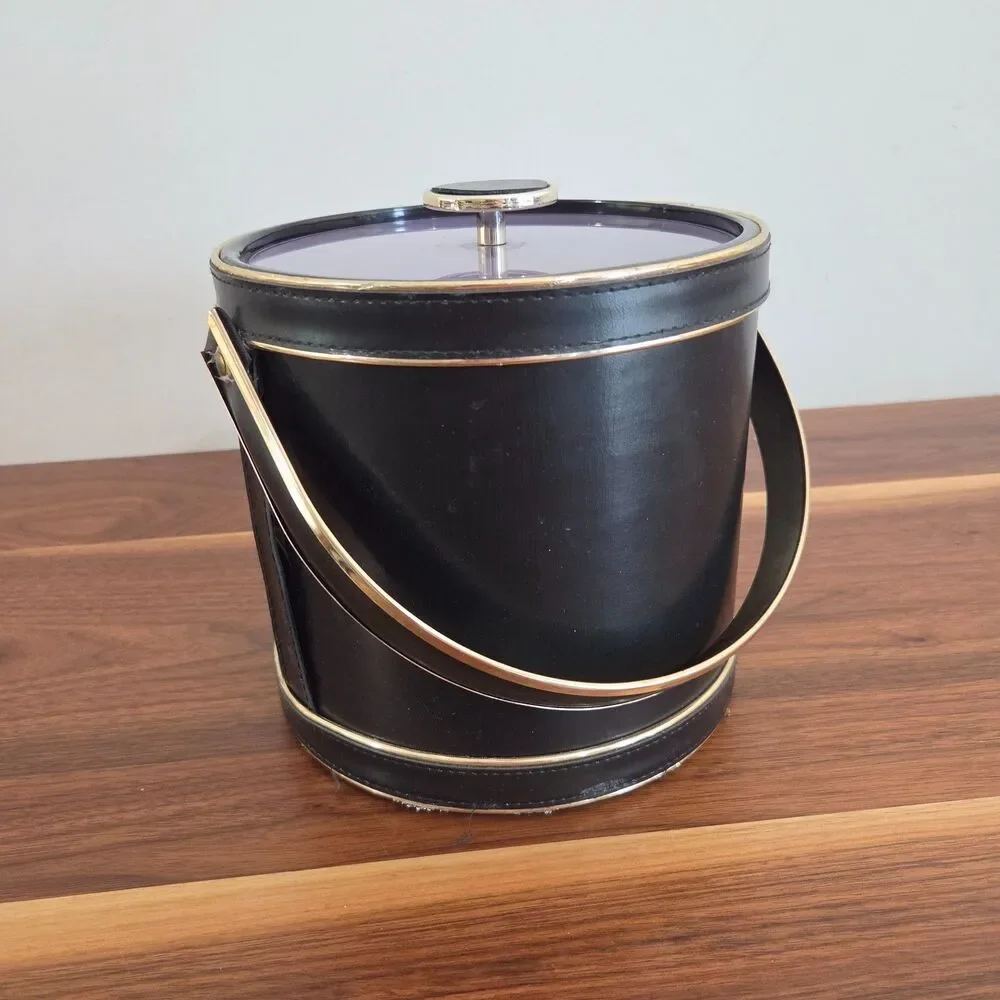 Vintage Mid Century MCM Black Faux Leather Ice Bucket Retro Barware Cocktails